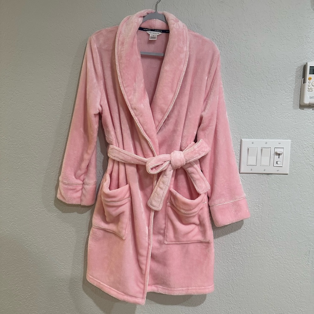 Liz Claiborne Plush Fleece Robe Pink Belted Long Sleeve Size S